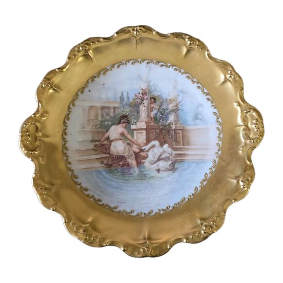 Limoges B&H Blakeman & Henderson Hand Painted Gold Rim Dish Woman Swan Cupid 12" - Picture 1 of 13